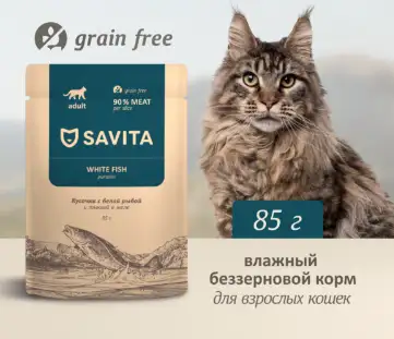 Купить savita влажный беззерновой корм для взрослых кошек с белой рыбой и тыквой в желе (пауч)