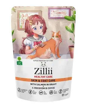 Купить zillii healthy care skin & coat care влажный корм для взрослых кошек поддержка здоровья кожи и шерсти с лососем в соусе (пауч)