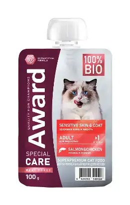 Купить award special care sensitive skin&coat влажный корм для взрослых кошек для здоровья кожи и шерсти «мясное пюре» из курицы с лососем (пауч)