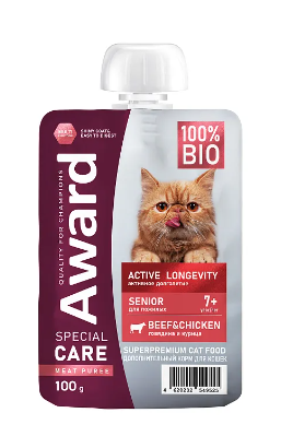Купить award special care active longevity влажный корм для пожилых кошек старше 7 лет для активного долголетия «мясное пюре» из курицы с говядиной (пауч)