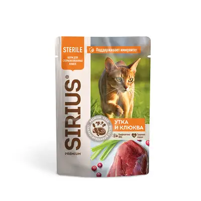 Купить sirius паучи для стерилизованных кошек, кусочки в соусе, утка с клюквой