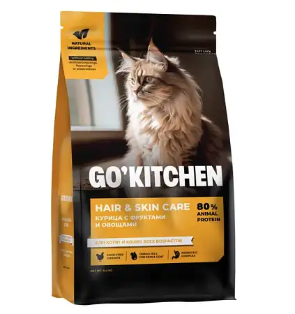 Купить go'kitchen Сухой корм для котят и кошек всех возрастов с курицей, фруктами и овощами, hair&skin care chicken