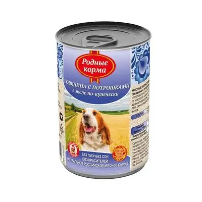 Купить Родные корма консервы для собак, говядина с потрошками в желе по-купечески