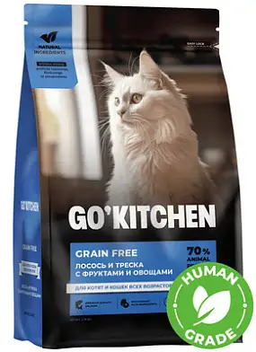 GO'KITCHEN Сухой Беззерновой корм для котят и кошек всех возрастов с лососем, треской, фруктами и овощами, GRAIN FREE Salmon&CodFish