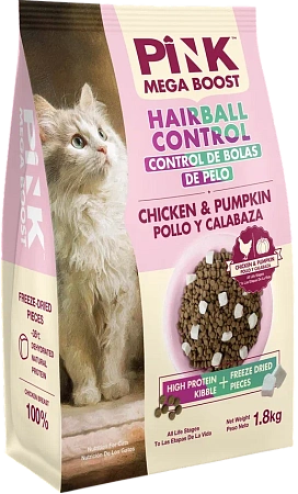 Купить pink mega boost "hairball control" сухой корм для кошек всех возрастов, вывод шерсти, Курица с тыквой, 2 гранулы