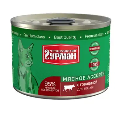 Четвероногий Гурман Мясное ассорти консервы для кошек с говядиной