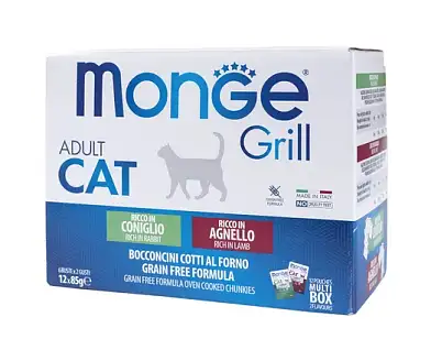 Monge Cat Grill влажный корм для взрослых кошек с кроликом, с ягненком, бокс с паучами