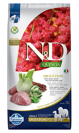 Купить farmina n&d quinoa dog digestion lamb medium & maxi сухой беззерновой корм для взрослых собак средних и крупных пород, поддержка пищеварения, с ягненком, киноа, фенхелем и мятой