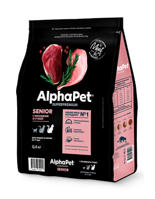 AlphaPet Superpremium Сухой корм для пожилых кошек от 7 лет с кроликом и уткой