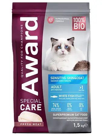Купить award special care sensitive skin&coat сухой корм для взрослых кошек для здоровой кожи и шерсти со свежей белой рыбой