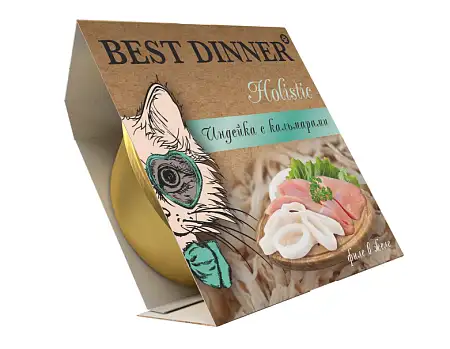 Купить best dinner holistic влажный корм для взрослых и стерилизованных кошек. Мясные волокна в желе "Индейка с кальмарами" (ламистер)