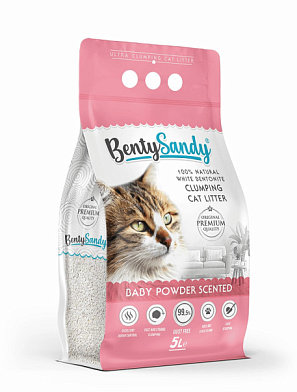 BentySandy Baby Powder наполнитель для кошачьего туалета комкующийся, глиняный, с ароматом детской присыпки