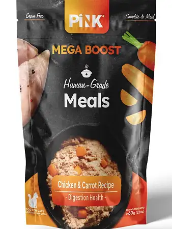 Купить pink mega boost digestion health влажный корм для кошек, здоровое пищеварение, Куриная грудка с печенью и морковкой, паштет (пауч)