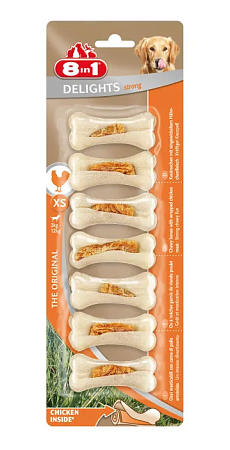 Купить 8in1 delights strong xs лакомство для собак мелких пород косточки сверхпрочные с куриным мясом и минералами