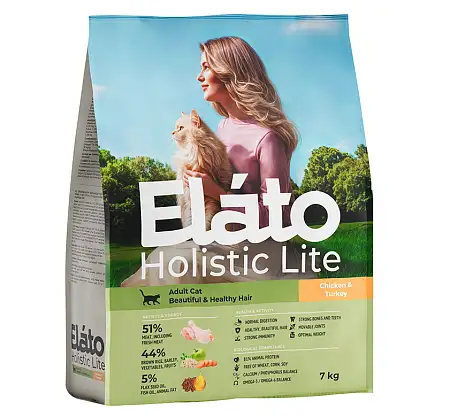 Купить elato holistic lite сухой корм для взрослых кошек с курицей и индейкой для красивой и здоровой шерсти кошек
