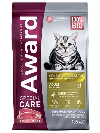 Купить award special care sensitive digestion сухой корм для взрослых кошек с чувствительным пищеварением со свежим мясом утки