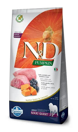 Купить farmina n&d pumpkin dog lamb & blueberry adult giant & maxi сухой беззерновой корм для взрослых собак гигантских и крупных пород с ягненком, черникой и тыквой