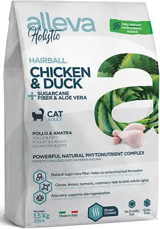 Купить alleva holistic cat сухой корм для взрослых кошек, склонных к образованию комков шерсти, с курицей и уткой