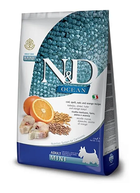 Farmina N&D Ocean Dog Godfish, Spelt, Oats & Orange Adult Mini сухой низкозерновой корм для взрослых собак мелких пород с треской и апельсином