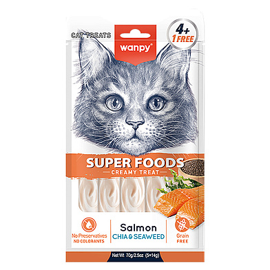 Wanpy Cat Лакомство для кошек «нежное пюре» из лосося с семенами чиа и водорослями