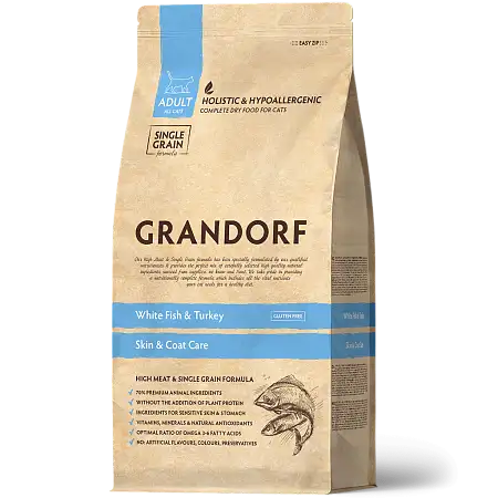 Купить grandorf сухой беззерновой корм для взрослых кошек с рыбой и индейкой.