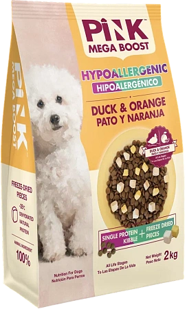 Купить pink mega boost "hypoallergenic" сухой корм для собак всех возрастов, гипоаллергенный, Утка с апельсином, 2 гранулы