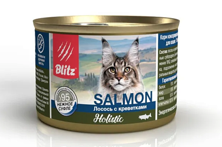 Купить blitz holistic консервы для взрослых кошек с лососем и креветками