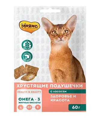 Мнямс Лакомство хрустящие подушечки для кошек "Здоровье и красота", с лососем