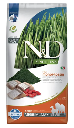 Купить farmina n&d dog spirulina herring & wolfberry adult medium&maxi сухой корм для взрослых собак средних и крупных пород, с сельдью и ягодами годжи
