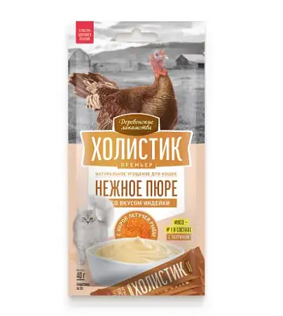 Купить Деревенские лакомства Холистик Премьер лакомство для кошек, нежное пюре со вкусом индейки с икрой летучей рыбы