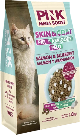 Купить pink mega boost "skin & coat" сухой корм для кошек всех возрастов, для здоровья кожи и шерсти, Лосось с черникой, 2 гранулы