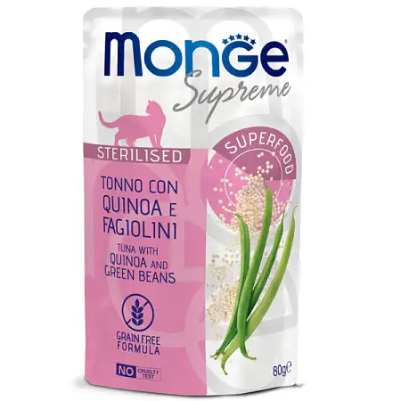 Купить monge supreme sterilized cat влажный корм для стерилизованных кошек с тунцом, киноа и зелёной фасолью (пауч)