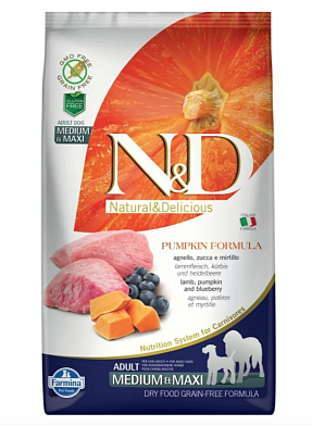 Farmina N&D Pumpkin Dog Grain Free Lamb & Blueberry Adult Medium & Maxi сухой беззерновой корм для взрослых собак средних и крупных пород с ягненком, черникой и тыквой