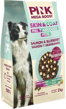 Купить pink mega boost "skin & coat" сухой корм для собак всех возрастов, для здоровой кожи и шерсти, Лосось с черникой, 2 гранулы