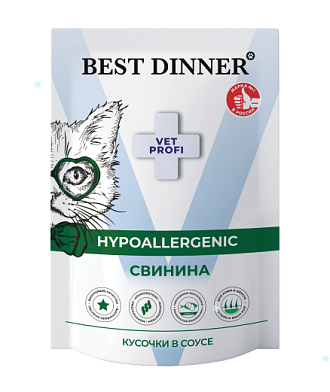 Best Dinner Vet Profi Hypoallergenic влажный корм для кошек при пищевой аллергии, свинина кусочки в соусе (пауч)