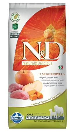 Купить farmina n&d pumpkin dog grain free boar & apple adult medium & maxi сухой беззерновой корм для взрослых собак средних и крупных пород с мясом кабана, яблоками и тыквой