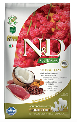 Farmina N&D Quinoa Dog Grain Free Skin & Coat Duck сухой беззерновой корм для взрослых собак всех пород для кожи и шерсти с уткой и киноа