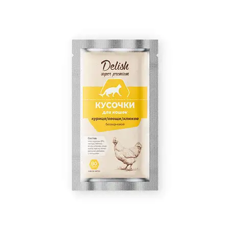 Купить delish super premium влажный корм для взрослых кошек кусочки с курицей, овощами и клюквой (пауч)