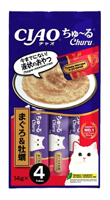 Inaba лакомство-пюре CIAO Churu пюре для кошек Тунец Магуро и устрица 