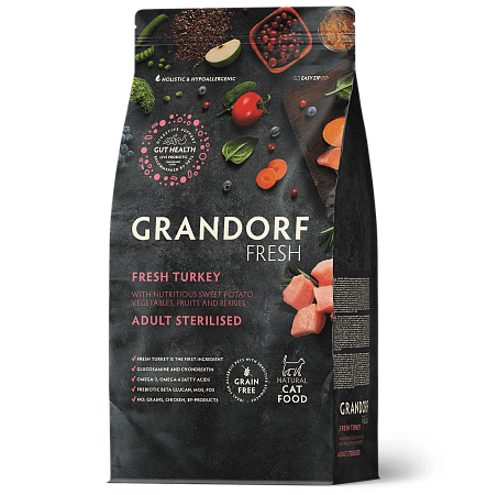 Купить grandorf fresh сухой беззерновой корм для стерилизованных кошек с живыми пробиотиками, индейка и батат