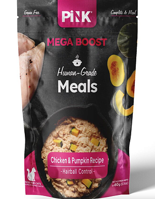 Pink MEGA BOOST Hairball Control влажный корм для кошек, вывод шерсти, Курица с тыквой, паштет (пауч)