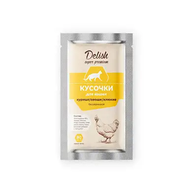 Delish super premium влажный корм для взрослых кошек кусочки с курицей, овощами и клюквой (пауч)