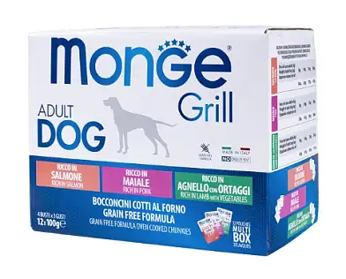 Monge Dog Grill влажный корм для собак с лососем, со свининой, с ягненком и овощами, бокс с паучами