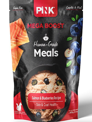 Pink MEGA BOOST Skin & Coat Health влажный корм для кошек, здоровая кожа и шерсть, Лосось с черникой, паштет (пауч)