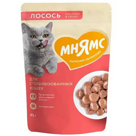 Купить Мнямс влажный корм для стерилизованных кошек кусочки в соусе с лососем (пауч)