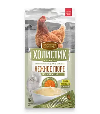 Деревенские лакомства Холистик Премьер лакомство для кошек, нежное пюре из курицы с икрой летучей рыбы