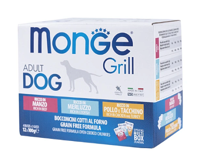 Monge Dog Grill влажный корм для собак с говядиной, с треской, с курицей и индейкой, бокс с паучами