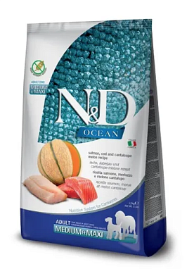 Farmina N&D Ocean Dog Salmon, Codfish & Cantaloupe Melon Adult Medium & Maxi сухой беззерновой корм для взрослых собак средних и крупных пород с лососем, треской и дыней