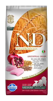 Farmina N&D Ancestral Grain Dog Chicken & Pomegranate Puppy Medium & Maxi сухой низкозерновой корм для щенков крупных и средних пород с курицей и гранатом