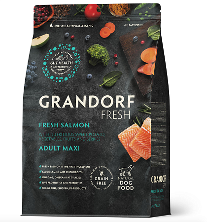 Купить grandorf fresh сухой беззерновой корм для взрослых собак крупных пород с живыми пробиотиками, лосось с бататом